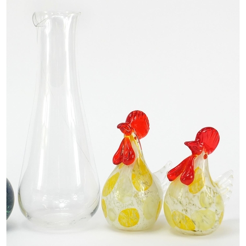 535 - Scandinavian glassware including a Kosta Boda carafe, Knapstad glass and a pair of Tilbords chicken ... 