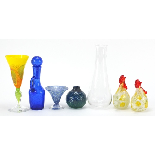 535 - Scandinavian glassware including a Kosta Boda carafe, Knapstad glass and a pair of Tilbords chicken ... 