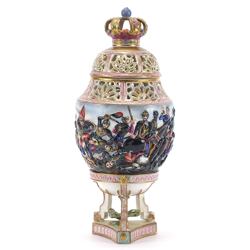 2049 - Capodimonte porcelain pot pourri vase hand painted with a battle scene, 35.5cm high