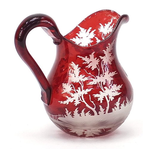 73 - Bohemian ruby flashed glass jug etched with a deer in a landscape, 9cm high