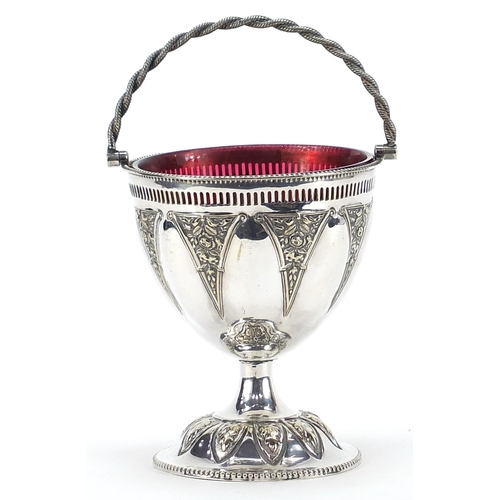 1975 - Silver plated basket with ruby glass liner and swing handle, 13cm high