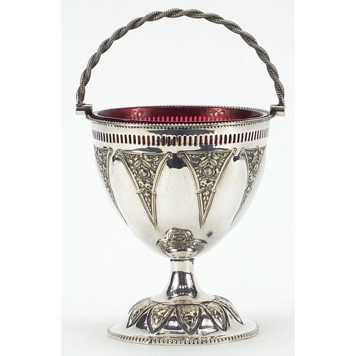 1975 - Silver plated basket with ruby glass liner and swing handle, 13cm high