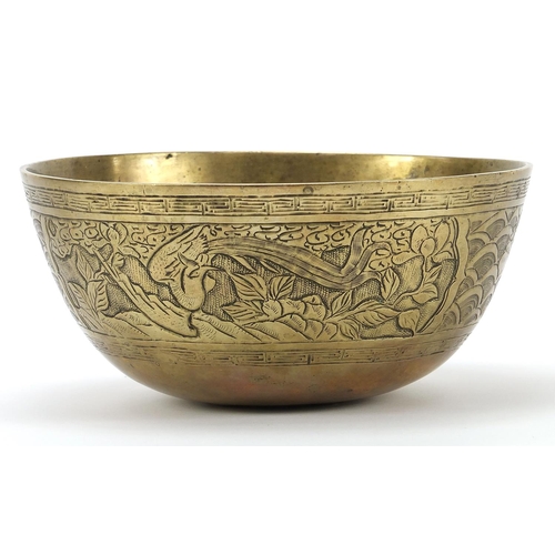 2032 - Chinese patinated bronze dragon bowl, 24.5cm in diameter