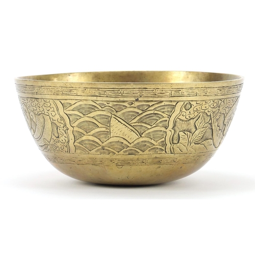 2032 - Chinese patinated bronze dragon bowl, 24.5cm in diameter