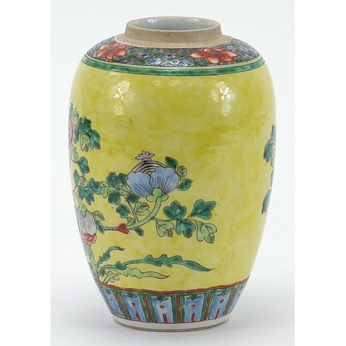 165 - Chinese porcelain yellow ground jar hand painted in the famille verte palette with phoenix amongst f... 