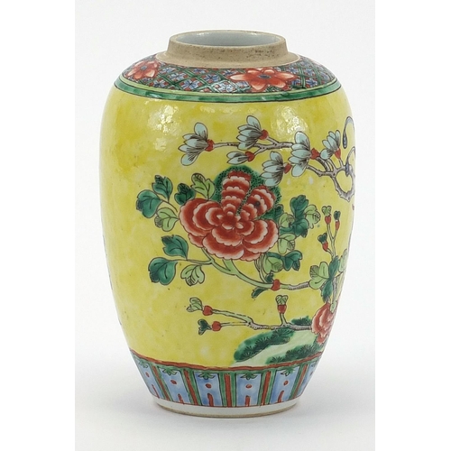 165 - Chinese porcelain yellow ground jar hand painted in the famille verte palette with phoenix amongst f... 