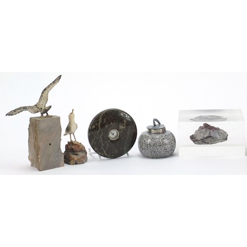 1969 - Rocks and hardstones including a serpentine marble compass design paperweight and cold painted birds... 