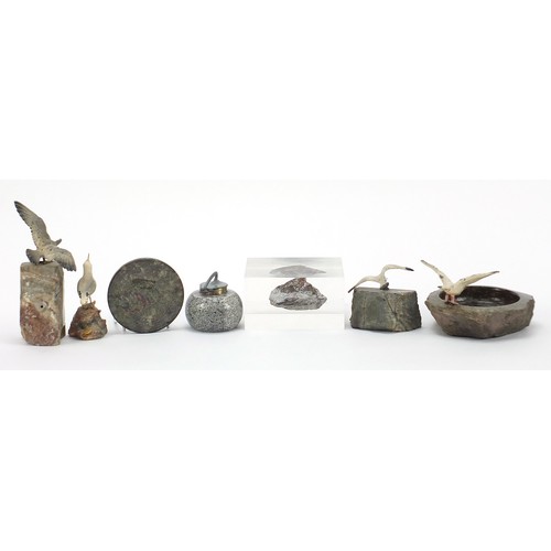 1969 - Rocks and hardstones including a serpentine marble compass design paperweight and cold painted birds... 