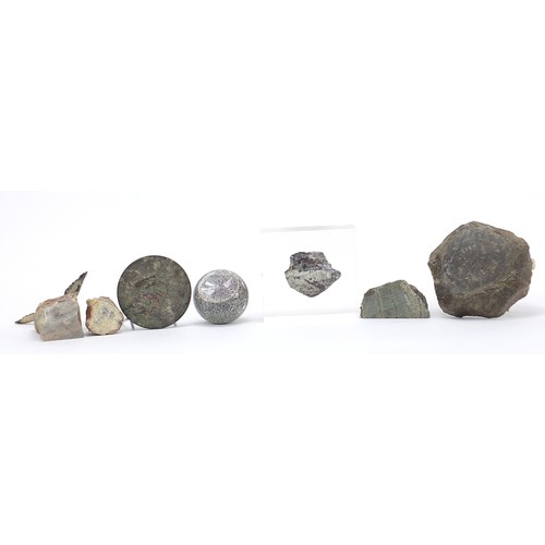 1969 - Rocks and hardstones including a serpentine marble compass design paperweight and cold painted birds... 