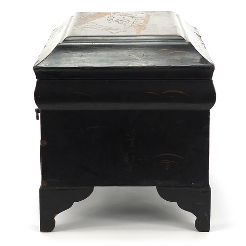 763 - Japanese black lacquered table casket with fittted interior hand painted with a landscape, 25cm H x ... 