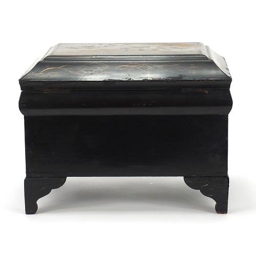 763 - Japanese black lacquered table casket with fittted interior hand painted with a landscape, 25cm H x ... 