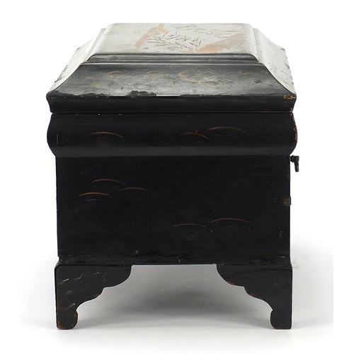 763 - Japanese black lacquered table casket with fittted interior hand painted with a landscape, 25cm H x ... 