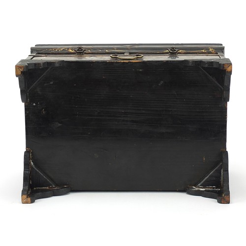 763 - Japanese black lacquered table casket with fittted interior hand painted with a landscape, 25cm H x ... 