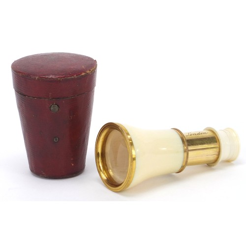 6 - Dolland of London, early 19th century ivory and brass monocular with silk lined leather case, 6.5cm ... 