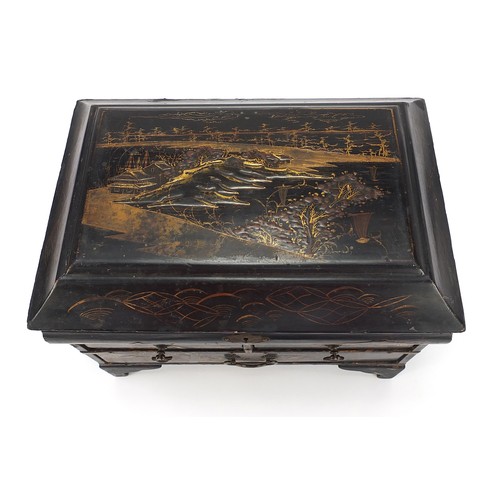 763 - Japanese black lacquered table casket with fittted interior hand painted with a landscape, 25cm H x ... 