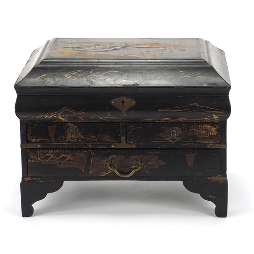 763 - Japanese black lacquered table casket with fittted interior hand painted with a landscape, 25cm H x ... 