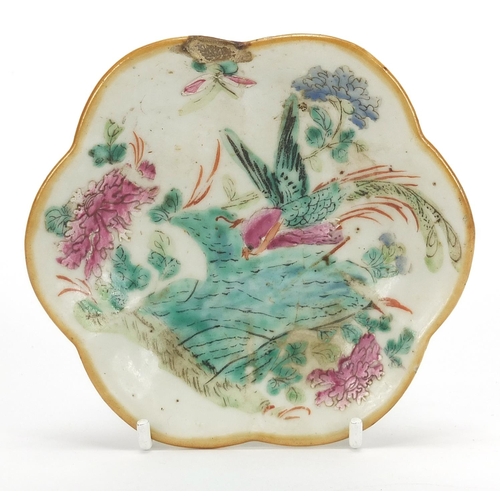 538 - Chinese porcelain footed flower head dish hand painted in the famille rose palette with a bird among... 