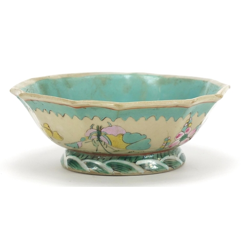 645 - Chinese porcelain footed bowl hand painted in the famille rose palette with a butterfly amongst flow... 