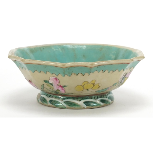 645 - Chinese porcelain footed bowl hand painted in the famille rose palette with a butterfly amongst flow... 