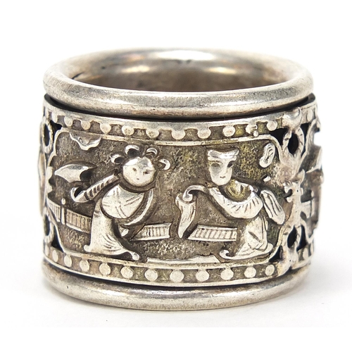 1958 - Chinese silver coloured metal archer's ring with rotating band, size Z