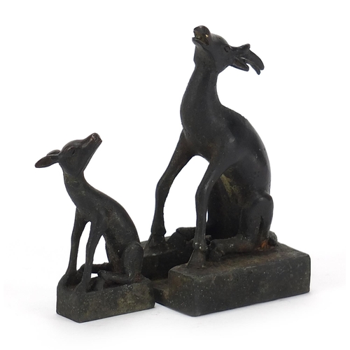 2036 - Chinese patinated bronze two piece seal in the form of a deer and foal, character marks to the base,... 