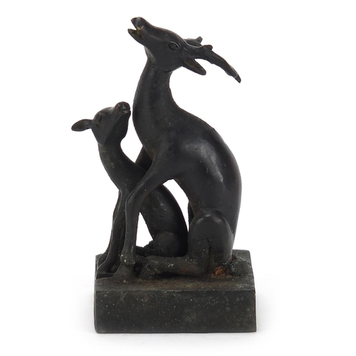 2036 - Chinese patinated bronze two piece seal in the form of a deer and foal, character marks to the base,... 