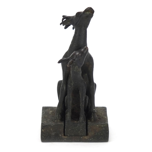 2036 - Chinese patinated bronze two piece seal in the form of a deer and foal, character marks to the base,... 