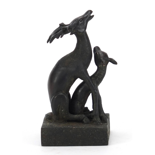 2036 - Chinese patinated bronze two piece seal in the form of a deer and foal, character marks to the base,... 