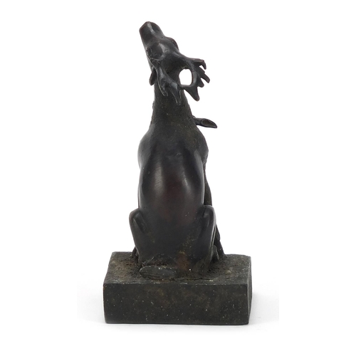 2036 - Chinese patinated bronze two piece seal in the form of a deer and foal, character marks to the base,... 