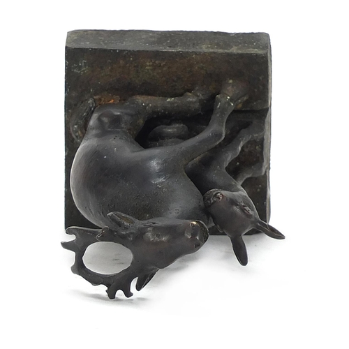 2036 - Chinese patinated bronze two piece seal in the form of a deer and foal, character marks to the base,... 