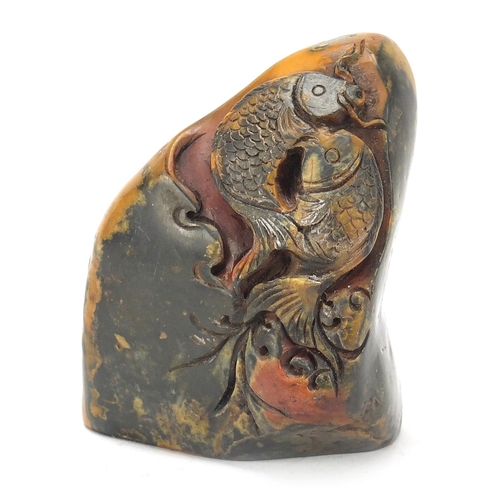 757 - Chinese soapstone seal carved with fish, character marks to the base, 6.5cm high