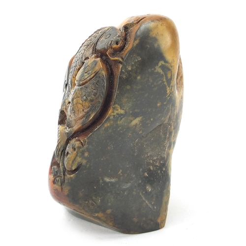 757 - Chinese soapstone seal carved with fish, character marks to the base, 6.5cm high