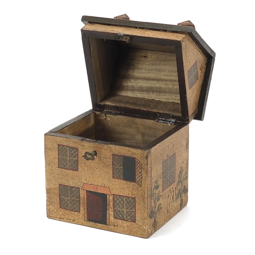 334 - Hand painted wooden box with hinged lid in the form of a Georgian house, 22.5cm H x 14.5cm W x 13.5c... 