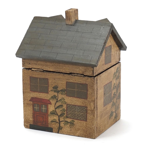 334 - Hand painted wooden box with hinged lid in the form of a Georgian house, 22.5cm H x 14.5cm W x 13.5c... 