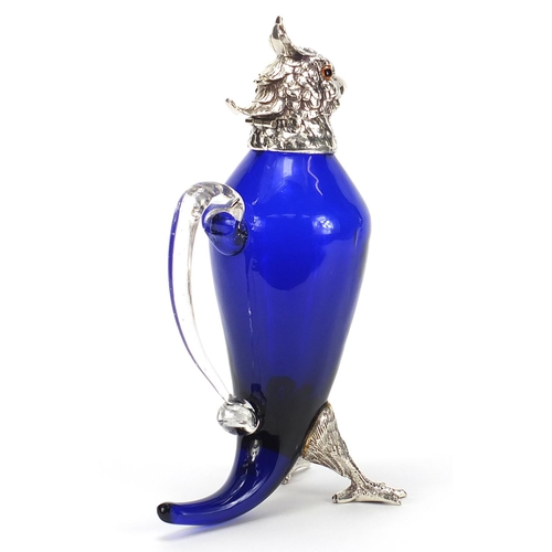 815 - Novelty silver plated and blue glass claret jug in the form of a cockatoo, 28.5cm high