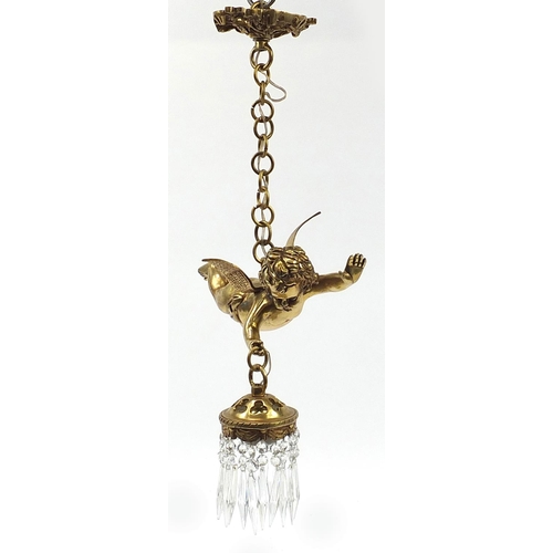 35 - Gilt bronze cherub light fitting with cut glass drops, 32cm in length