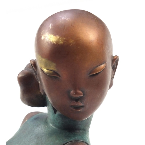 503 - Large Mid century design patinated bronze figure of a female raised on a plinth base, 64cm high