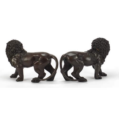 345A - Large pair of Grand Tour style patinated bronze lions, 30cm in length