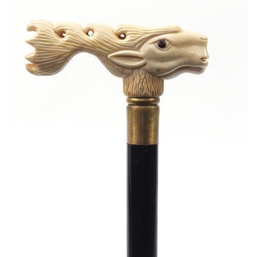 878 - Hardwood walking stick with carved bone stag head handle, 91.5cm in length