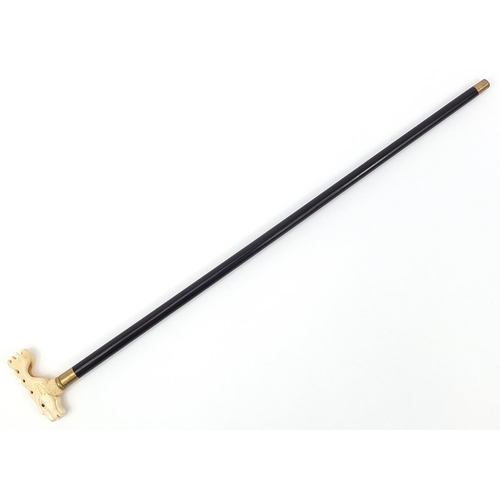 878 - Hardwood walking stick with carved bone stag head handle, 91.5cm in length