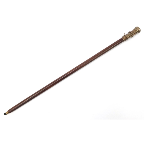 875 - Hardwood walking stick with brass two draw telescope and compass pommel, 96cm in length