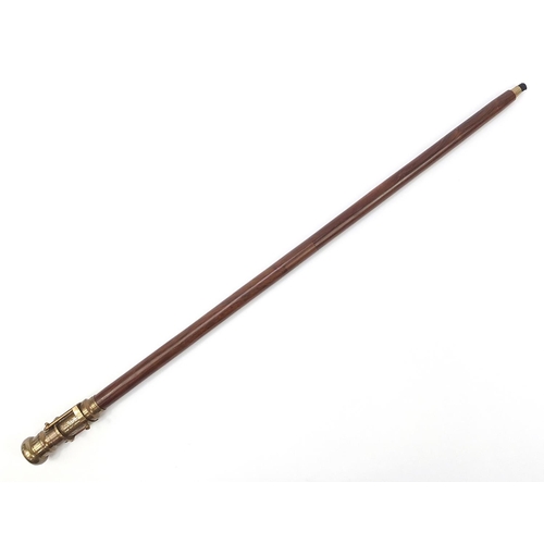 875 - Hardwood walking stick with brass two draw telescope and compass pommel, 96cm in length