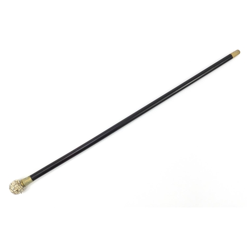 879 - Hardwood walking stick with carved bone globe handle opening to reveal compass, 84cm in length