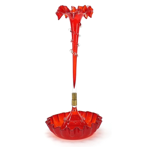 579 - Victorian single branch ruby glass table epergne, 53cm high