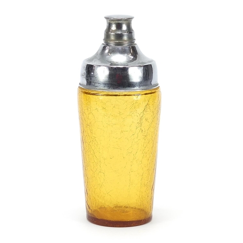 715 - Art Deco amber crackle glass cocktail shaker with chrome plated mounts, 23cm high