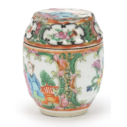 2056 - Chinese Canton porcelain barrel box and cover hand painted in the famille rose palette with figures,... 