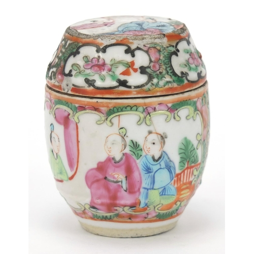 2056 - Chinese Canton porcelain barrel box and cover hand painted in the famille rose palette with figures,... 