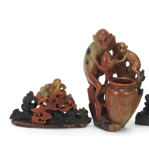 550 - Chinese soapstone carvings including Shao Lou holding a peach and a monkey vase with character marks... 