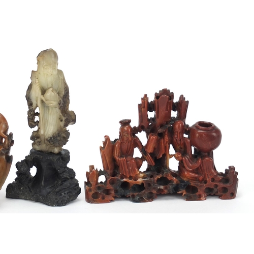 550 - Chinese soapstone carvings including Shao Lou holding a peach and a monkey vase with character marks... 