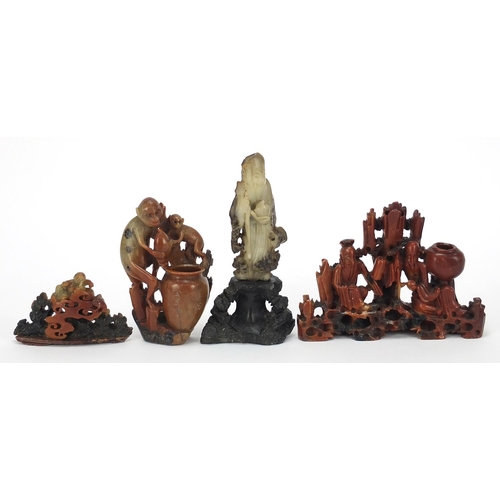 550 - Chinese soapstone carvings including Shao Lou holding a peach and a monkey vase with character marks... 